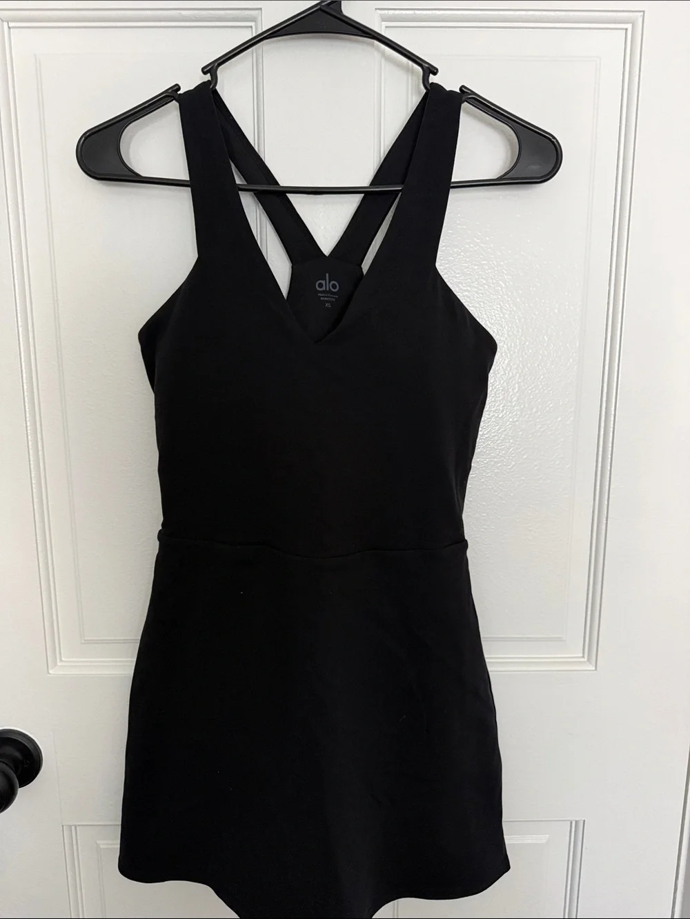 ALO Yoga Black V‑Neck Cross‑Back Mini Dress